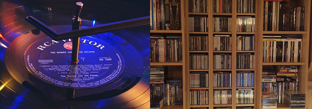 Picture of a LP record and also some CD shelves